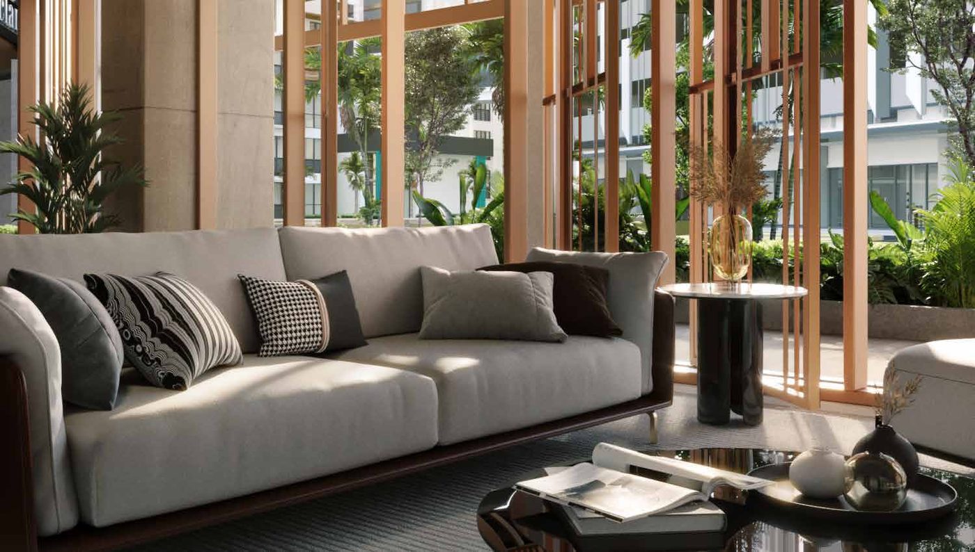 Double-height lobby lounge with timber screens at Clarissa